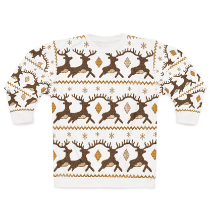 White sweatshirt with a repeating pattern of brown reindeer and gold diamonds.