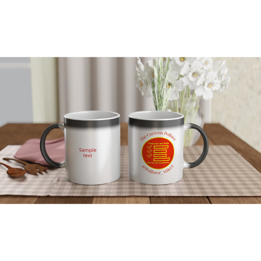 Curious Pollster logo on an 11oz magic ceramic mug.