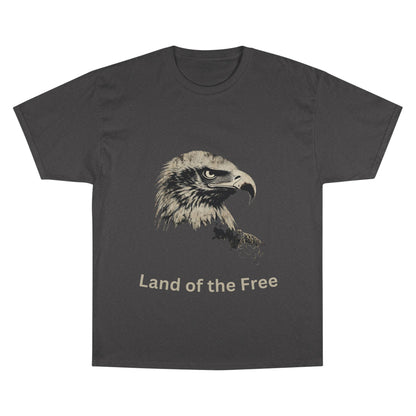 Land of the Free text below an eagle head on a Champion Tee