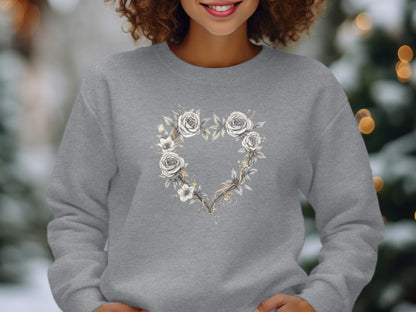Elegant Floral Heart Design on Grey Sweatshirt