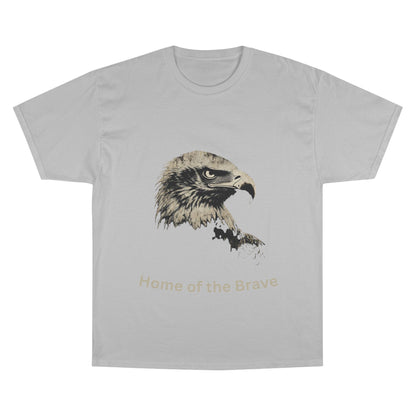 Home of the Brave text below an eagle head on a Champion Tee