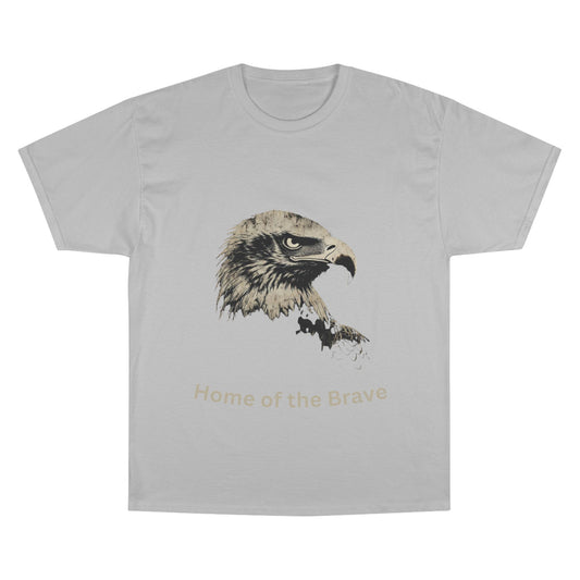 Home of the Brave text below an eagle head on a Champion Tee