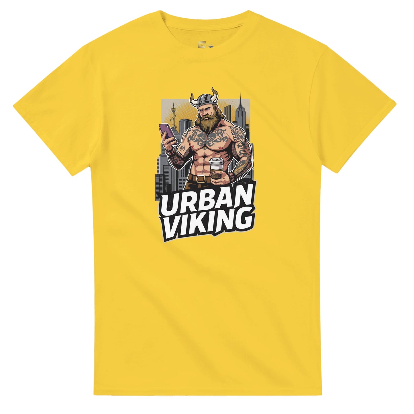 Person wearing a gray t-shirt with 'Urban Viking' graphic design in an indoor setting