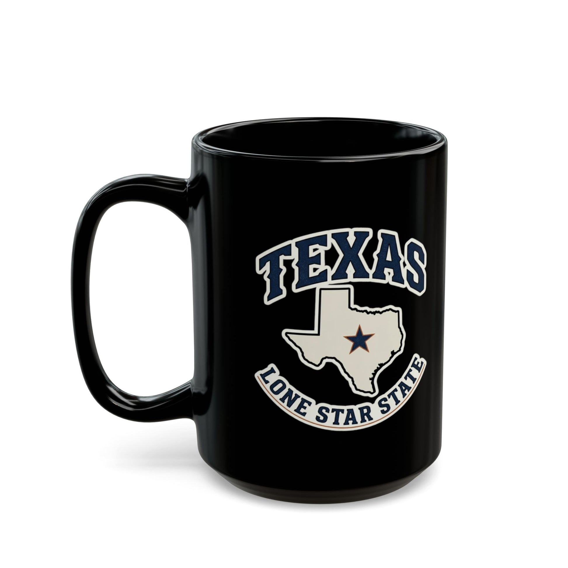Black mug with "TEXAS LONE STAR STATE" text and Texas outline.