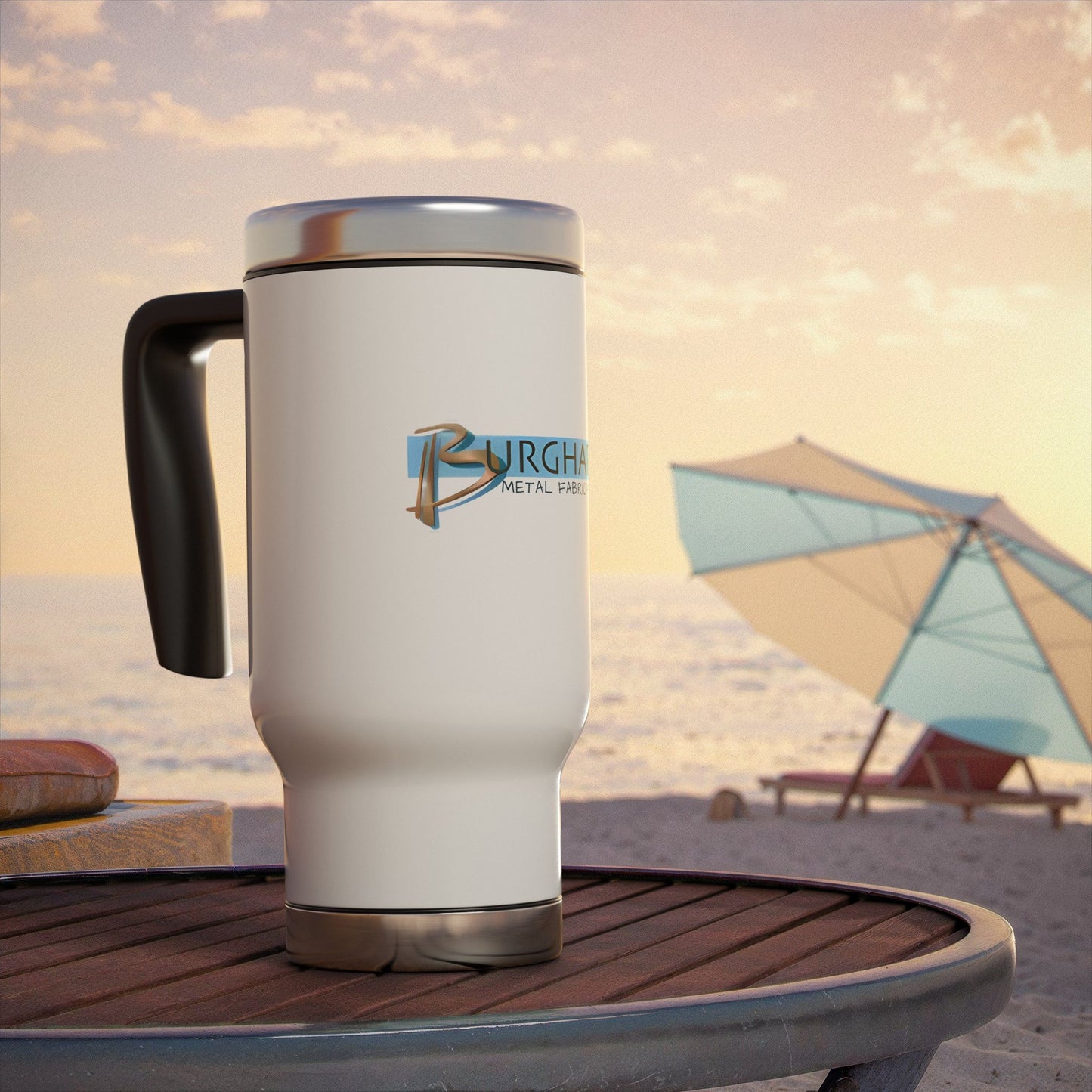 Burghardt Metal Fabricating, Inc., logo on a 14oz SS Travel Mug with Handle