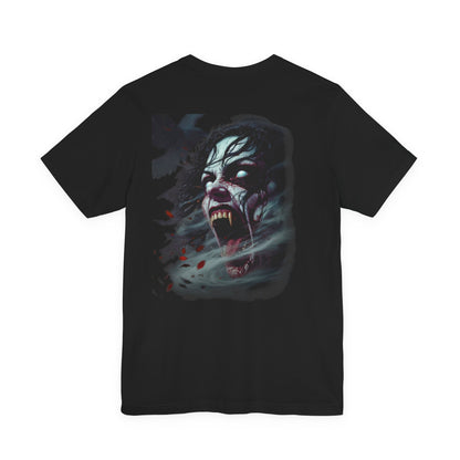 Black t-shirt with a horrifying vampire face emerging from smoke and roses.