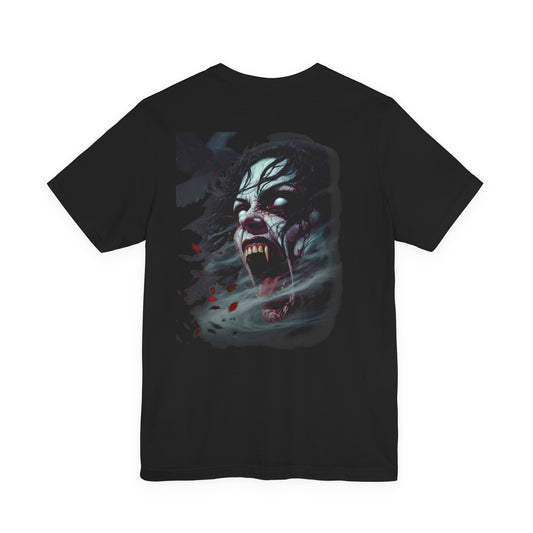 Black t-shirt with a horrifying vampire face emerging from smoke and roses.