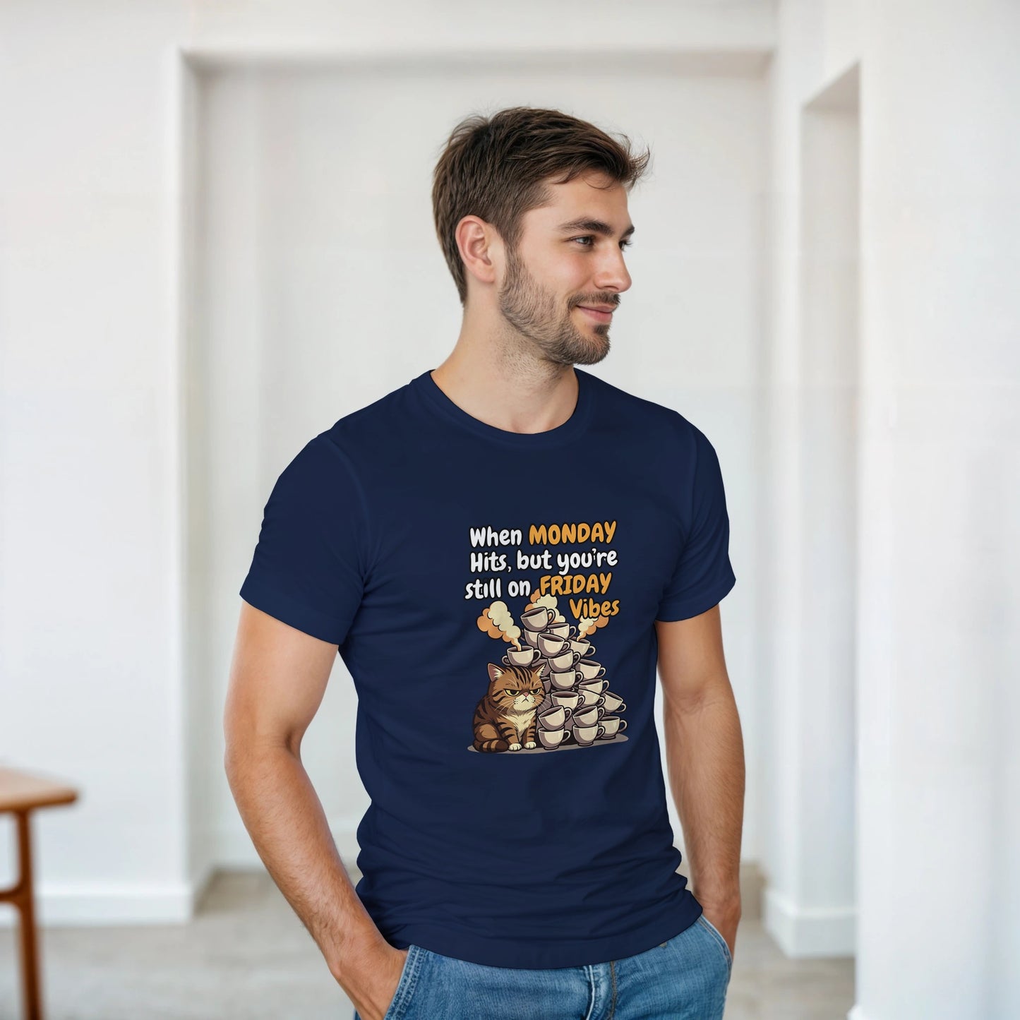 When MONDAY Hits, But You're Still On FRIDAY Vibes Cat on a Heavyweight T on a shirt