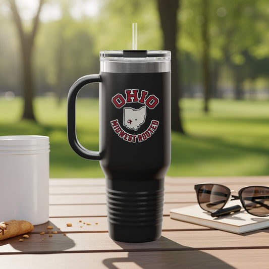 Black Ohio Midwest Rooted tumbler with handle and straw outdoors.
