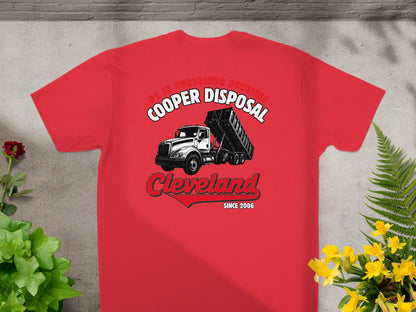 Red t-shirt with Cooper Disposal truck and Cleveland logo.