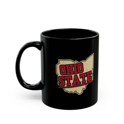 Black mug with "Ohio State" written in red and tan across a map outline.