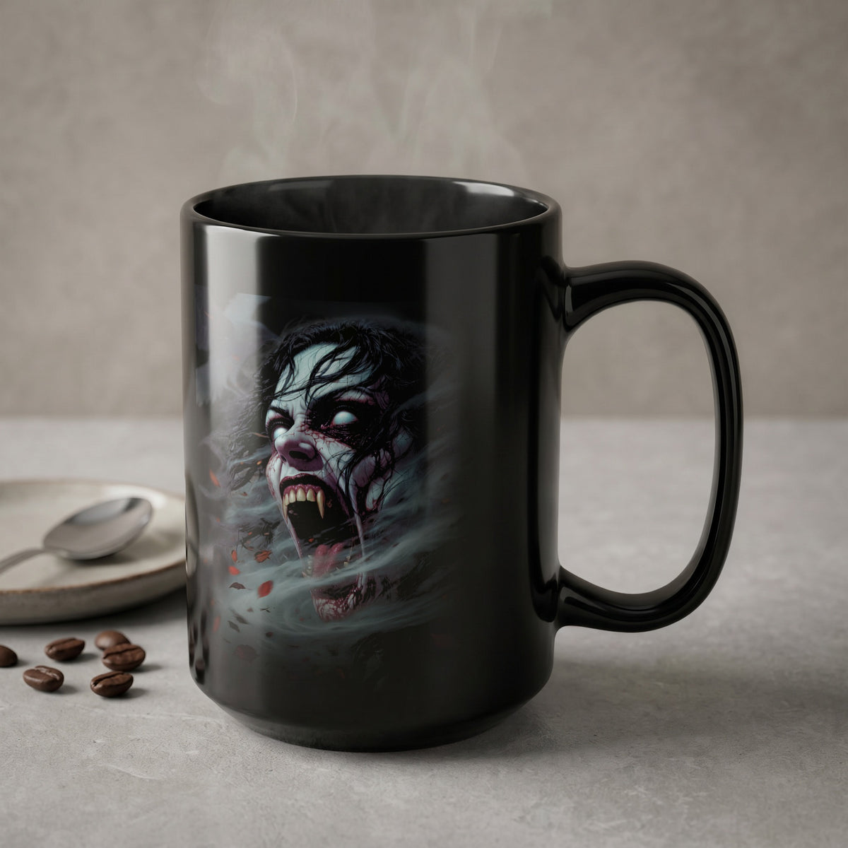 Black mug featuring a screaming vampire face with fangs and glowing eyes.