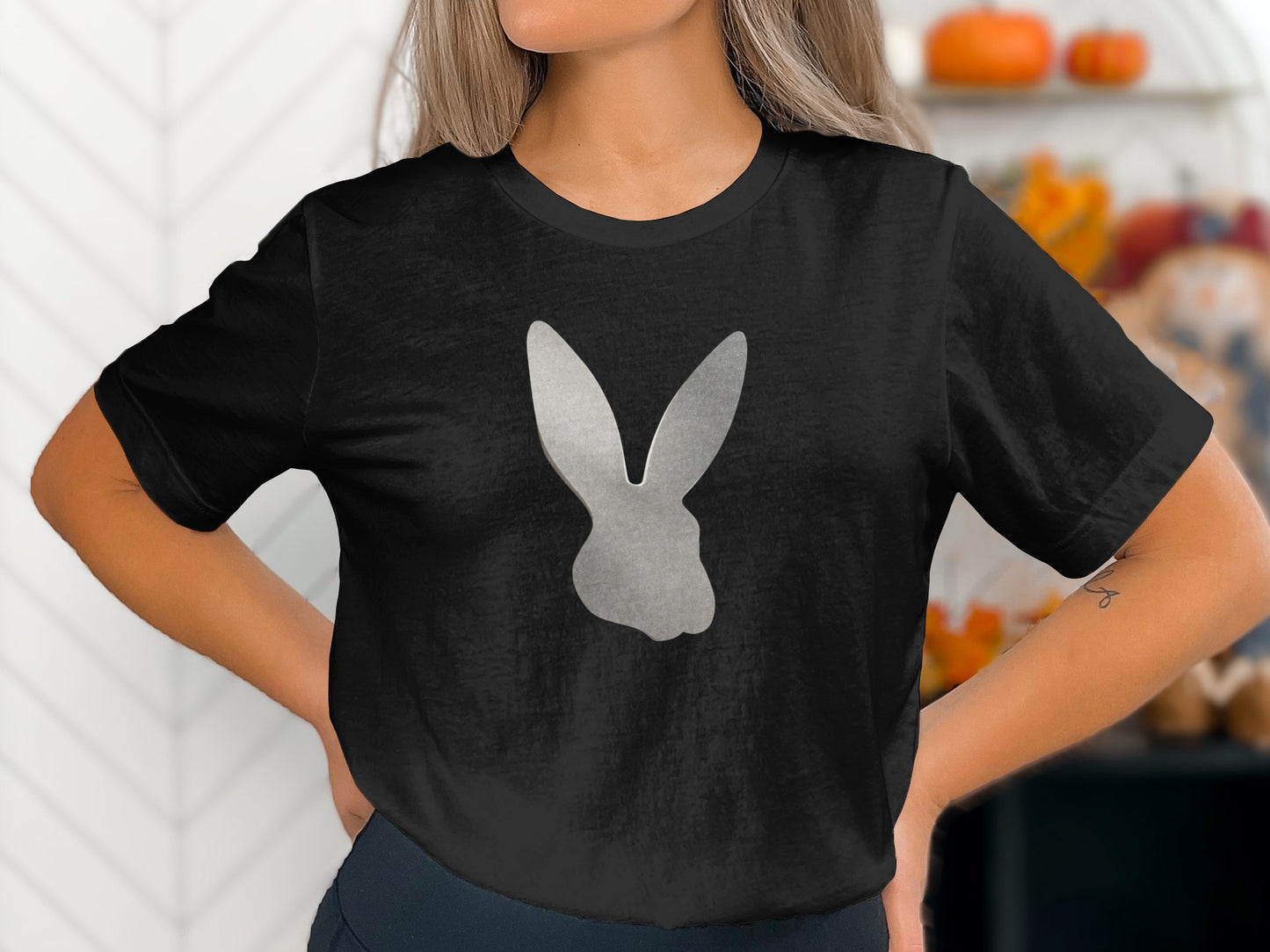 Black T-Shirt Silver Bunny Head Outline Fashionable product type