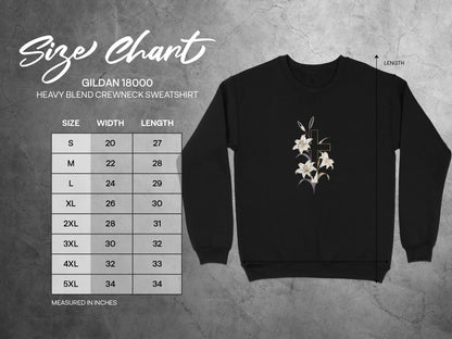 Gildan 18000 sweatshirt size chart showing width and length measurements in inches.