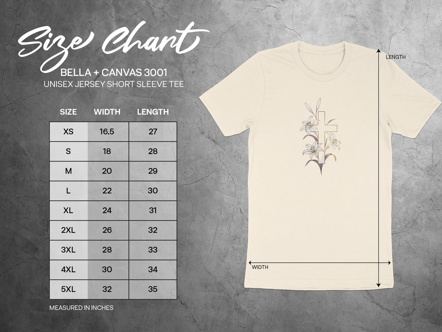 Bella Canvas 3001 Unisex Tee Cross Lilies Size Chart product type