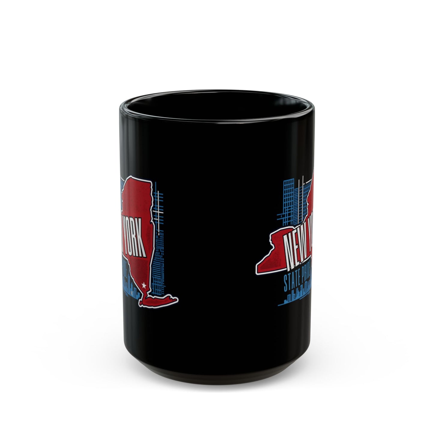 Black mug with New York state outline and text.