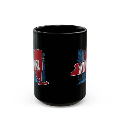 Black mug with New York state outline and text.