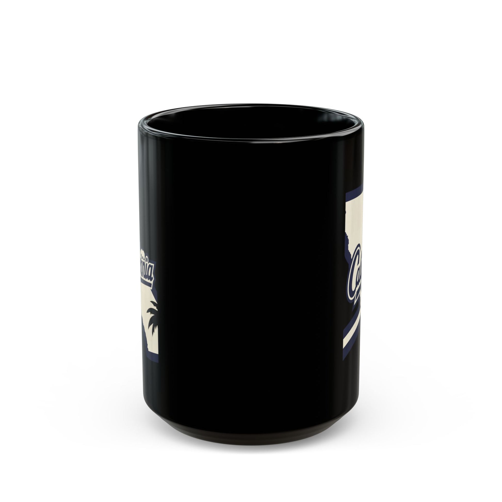 Black mug with "California" text and palm tree graphic.