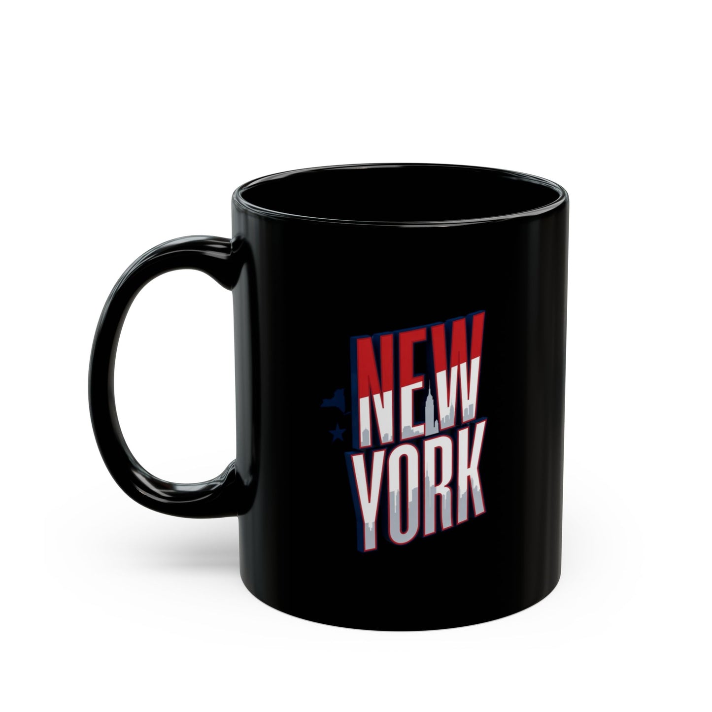 Black mug with "NEW YORK" text and a city skyline design.