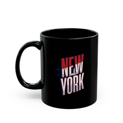 Black mug with "NEW YORK" text and a city skyline design.