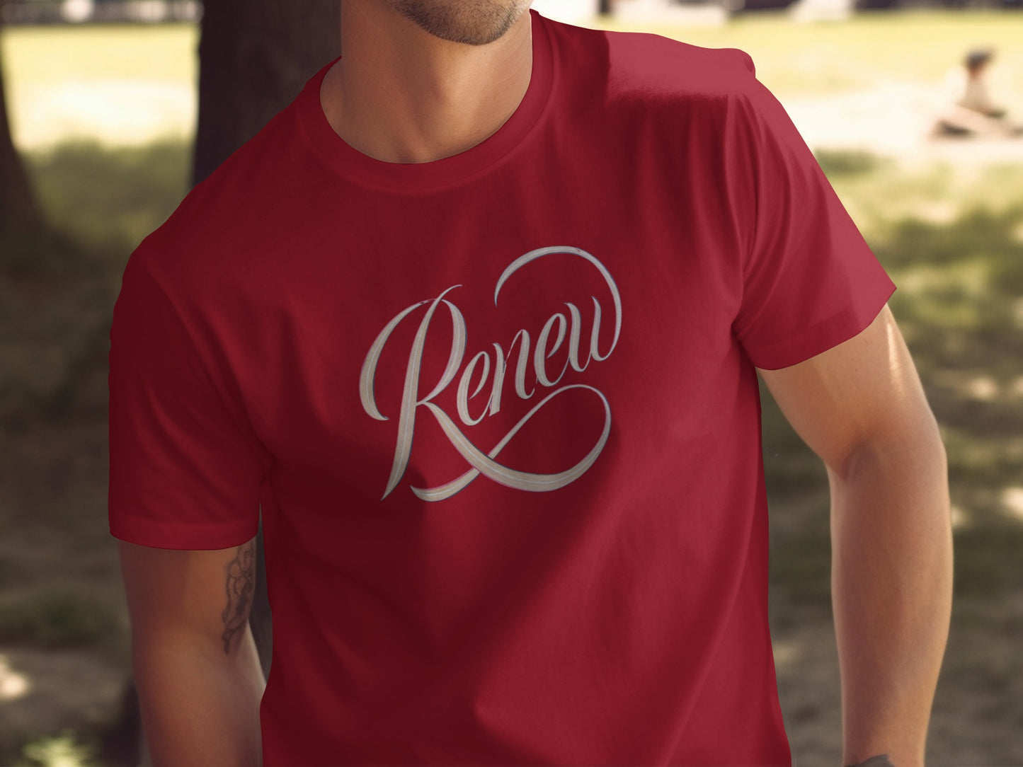 Renew Script Red Short Sleeve Crewneck product type
T-shirt, Renew, Script font, Red shirt, Crewneck tee, Graphic shirt, Short sleeve, Men's t-shirt, Inspirational, Typography shirt, Casual top, Maroon tee, Apparel, Clothing, Fashion, Modern design, Everyday shirt, Unisex tee, Renew design, Message shirt