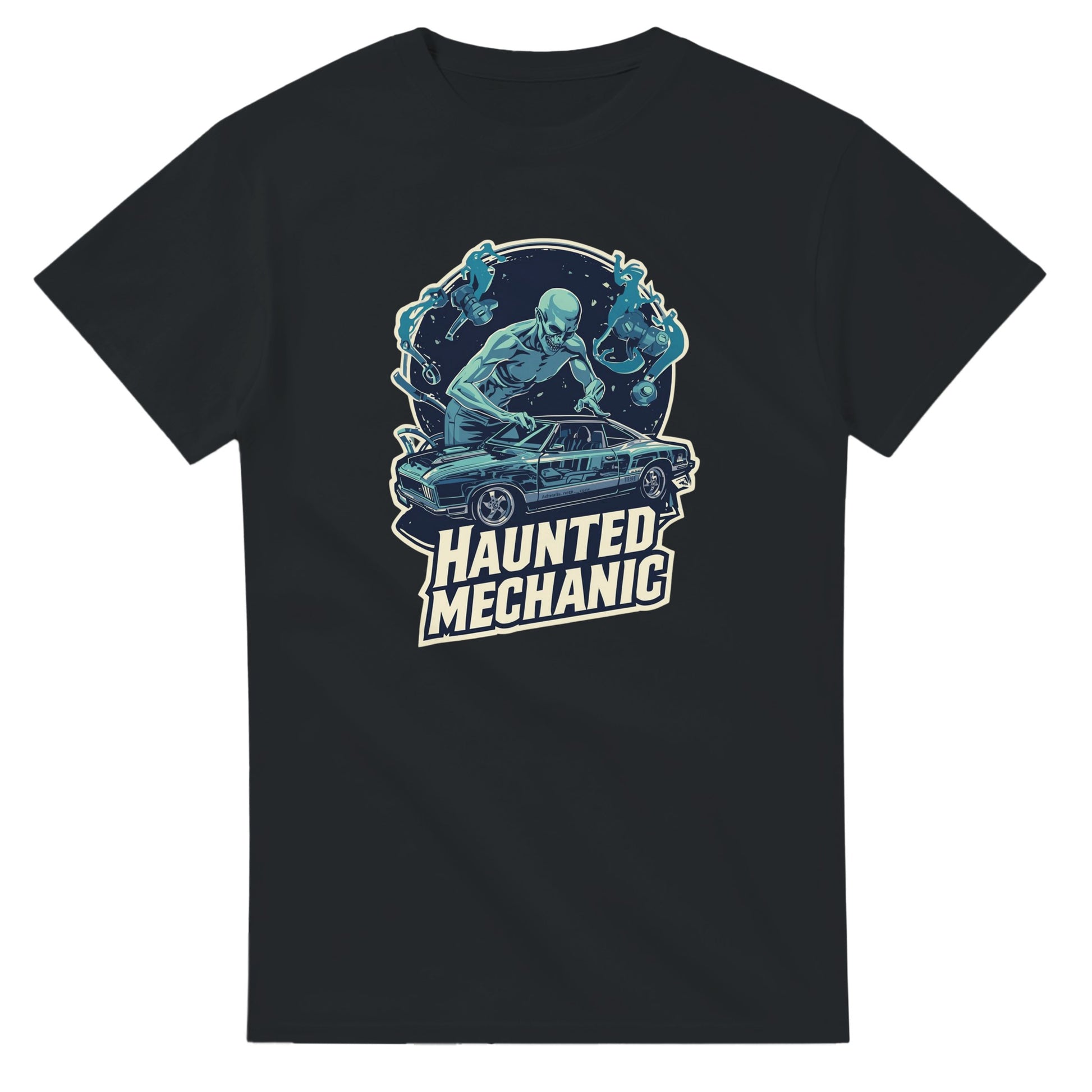 Haunted Mechanic graphic design on a Heavyweight T-shirt