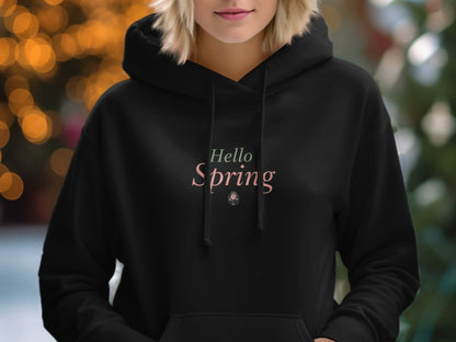 Elegant Black 'Hello Spring' Hoodie Perfect for All Seasons