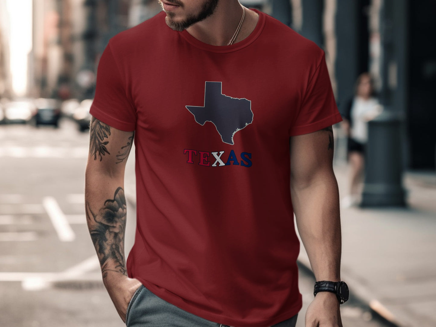 Maroon t-shirt with Texas outline and "TEXAS" text in red, white, and blue.