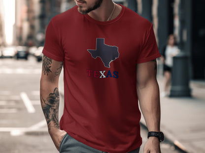 Maroon t-shirt with Texas outline and "TEXAS" text in red, white, and blue.