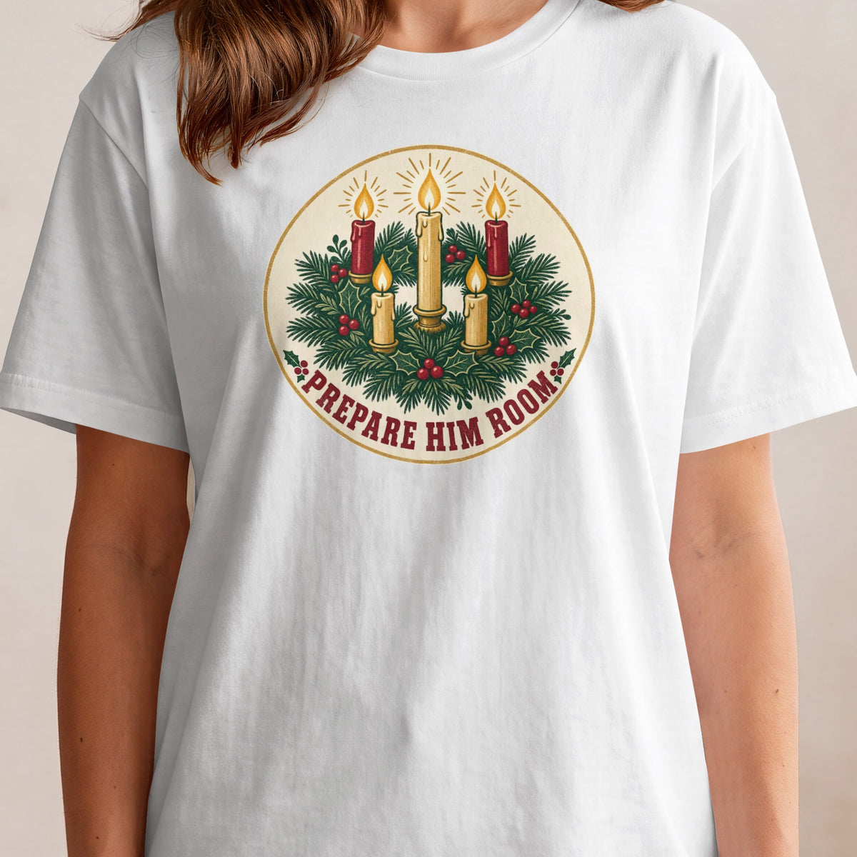 White t-shirt with Christmas wreath graphic and text "PREPARE HIM ROOM".