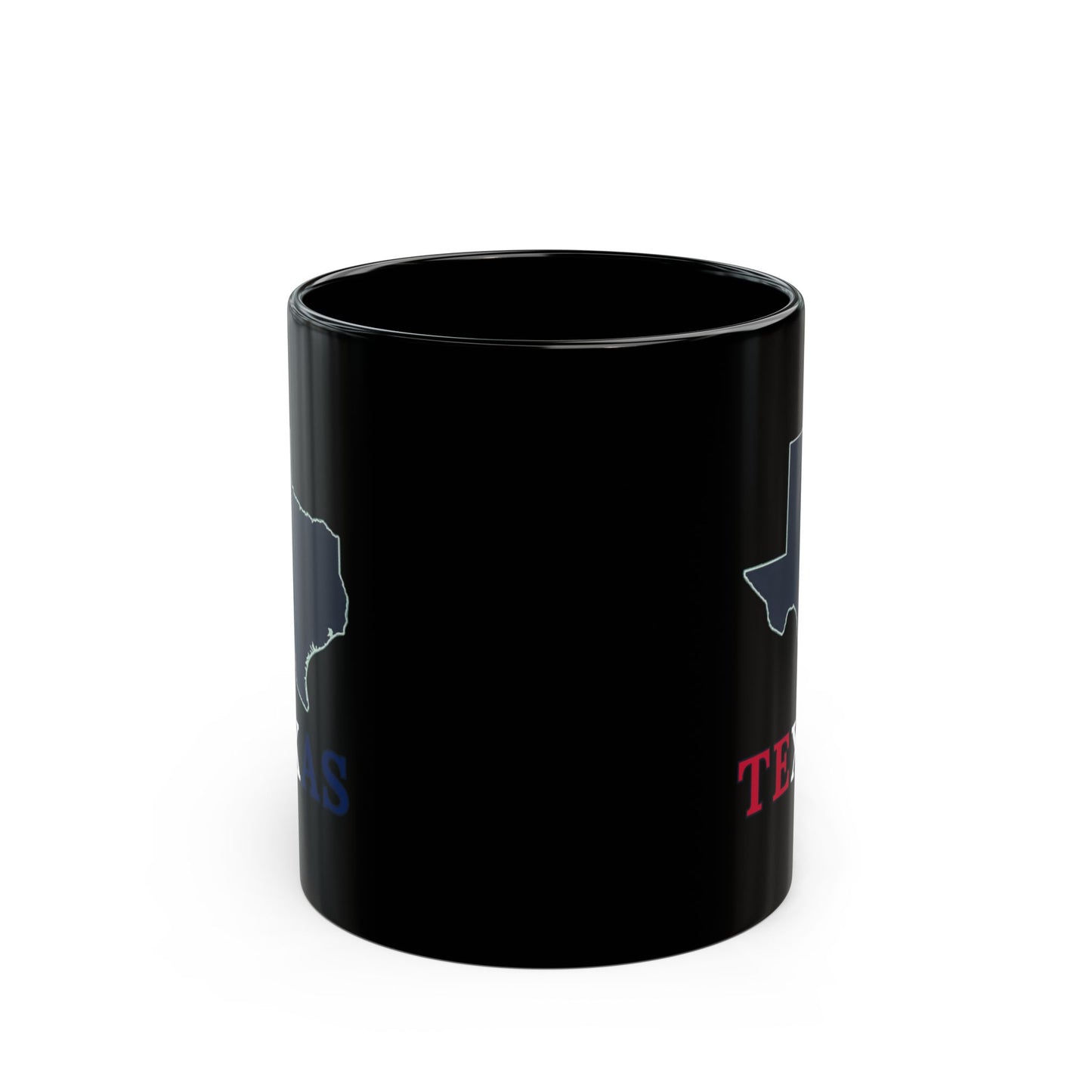Black mug with Texas Lone Star State graphic and lettering.