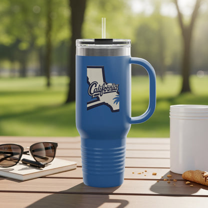 Blue travel mug with California state outline and palm trees.