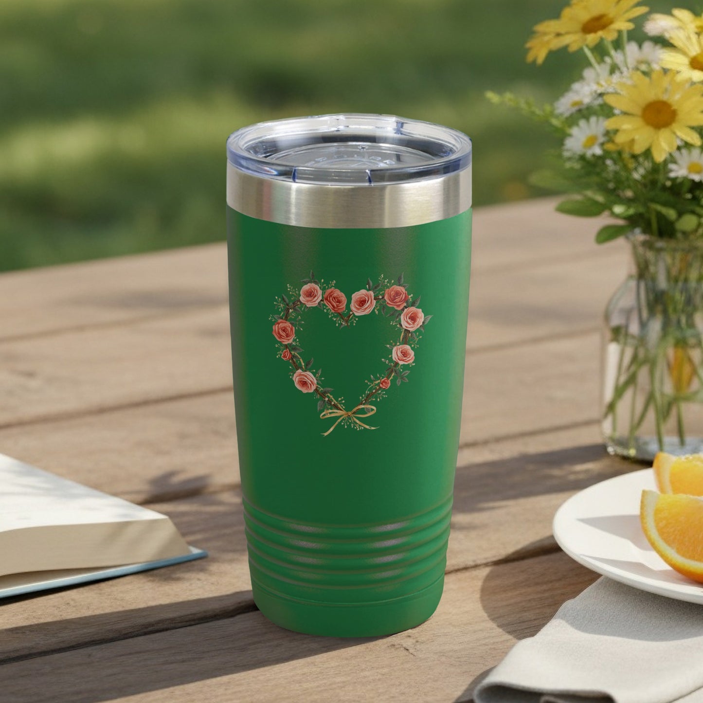 Floral Heart Green Insulated Tumbler for Coffee Lovers