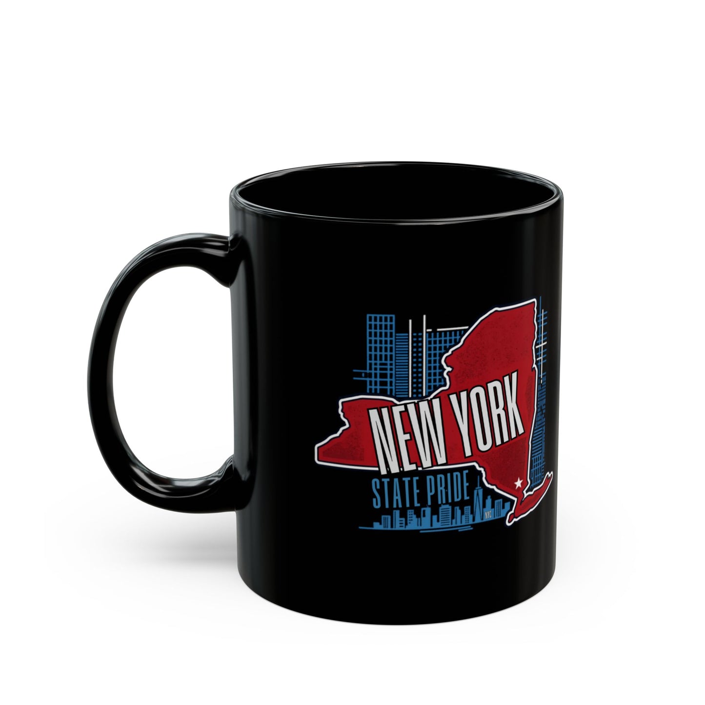 Black mug with New York State Pride design featuring map and city skyline.