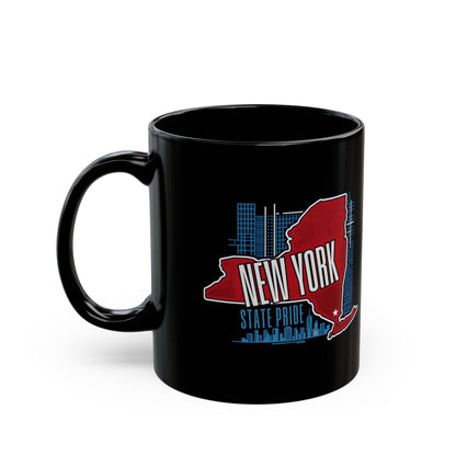 Black mug with New York State Pride design featuring map and city skyline.