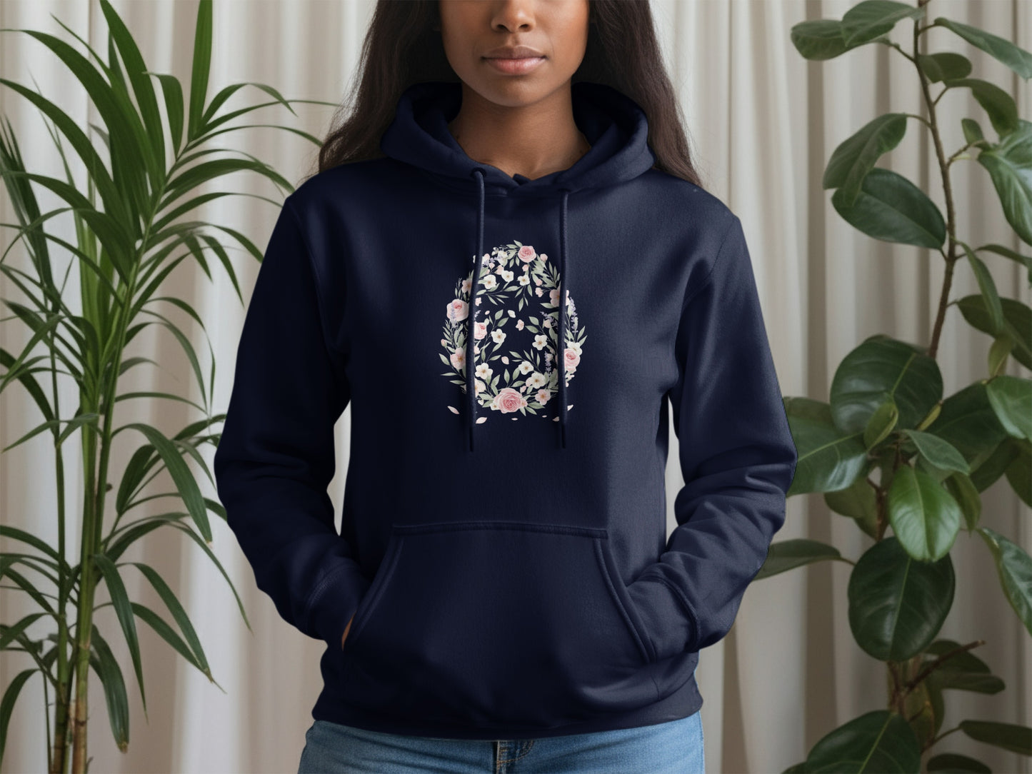 Navy Blue Hoodie with Floral Wreath Design Sweatshirt