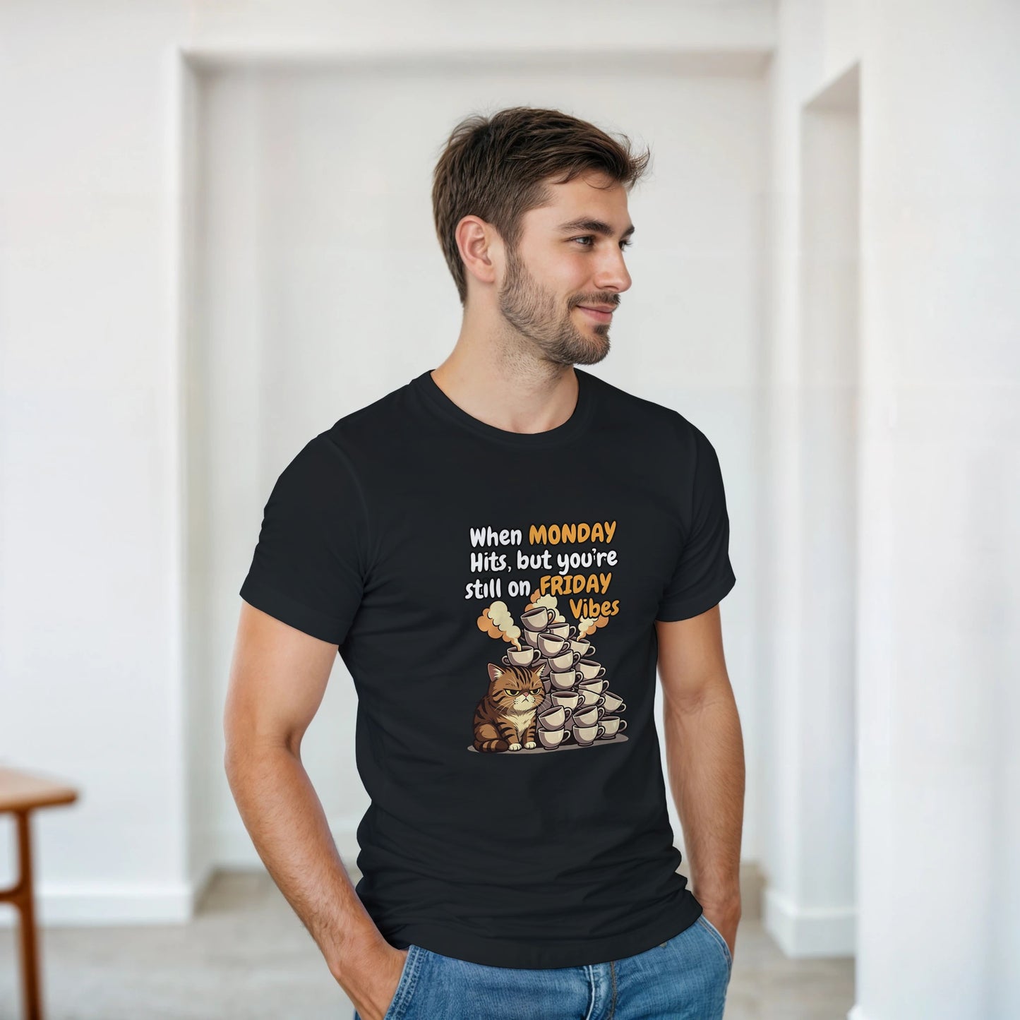 When MONDAY Hits, But You're Still On FRIDAY Vibes Cat on a Heavyweight T on a shirt