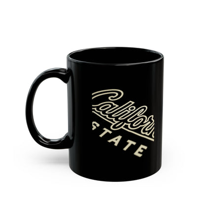 Black mug with "California State" logo in cream.