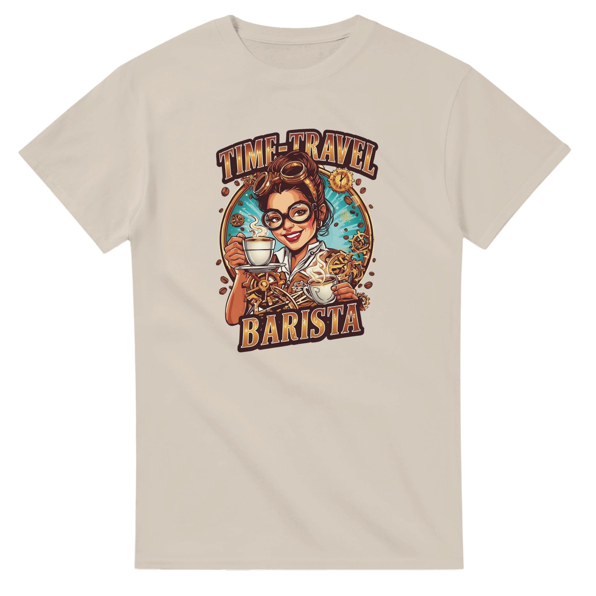 Time-Travel Barista graphic design on a Heavyweight T-shirt