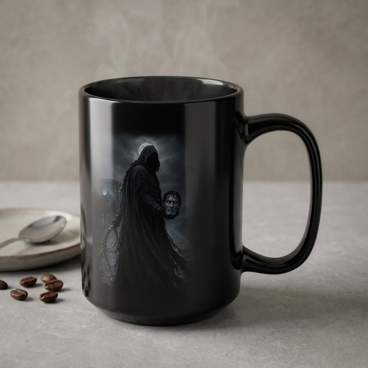 Black mug featuring dark hooded figure holding a severed head.