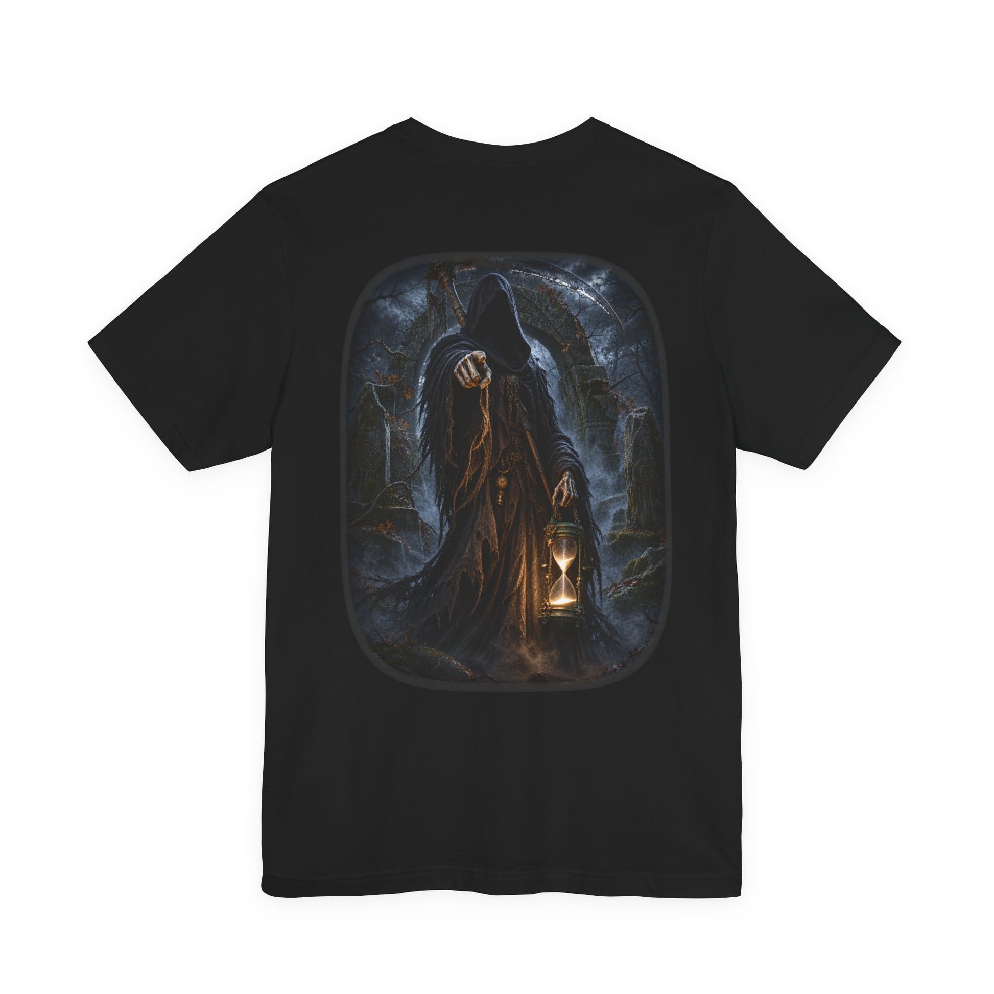 Grim Reaper with hourglass points finger in eerie graveyard setting