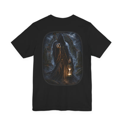 Grim Reaper with hourglass points finger in eerie graveyard setting