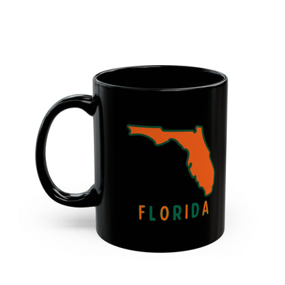 Black mug with orange Florida outline and text "Florida".