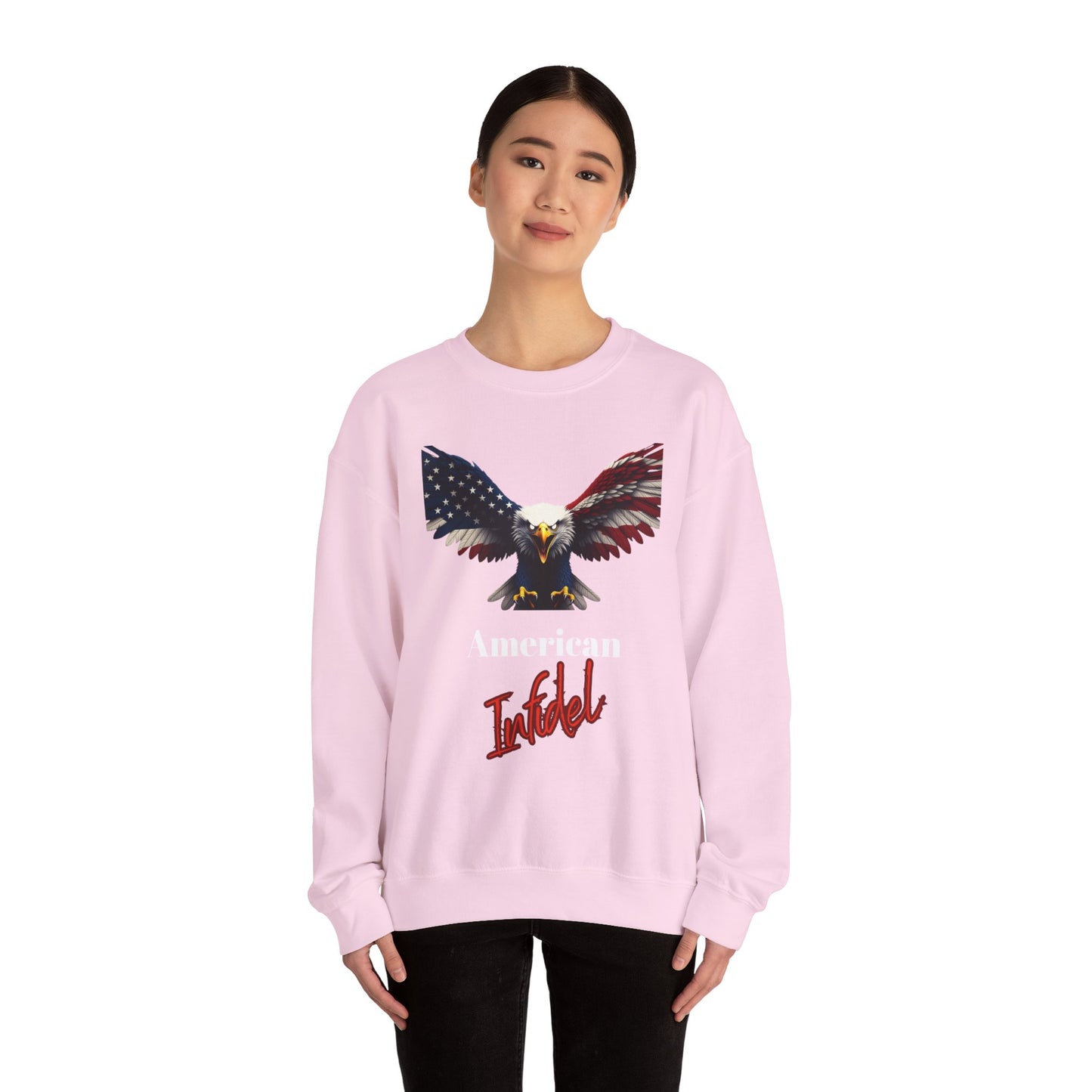 American Infidel Patriotic Eagle text on a Crewneck Sweatshirt