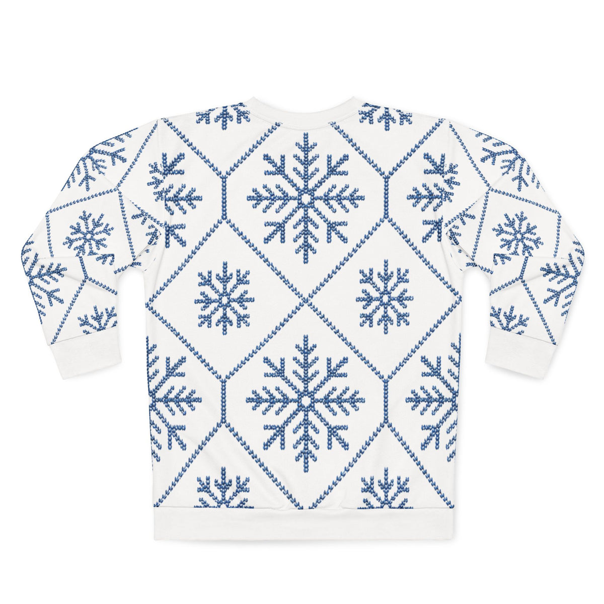 White sweatshirt with blue knitted snowflake and diamond pattern.