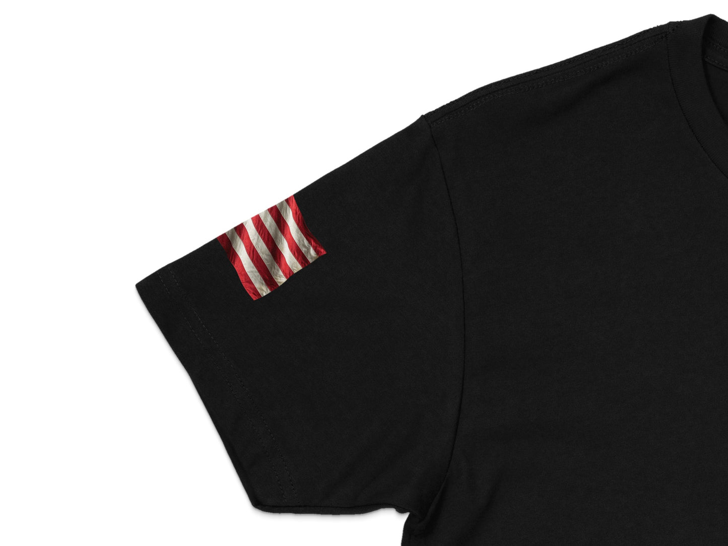 Black t-shirt with a small American flag patch on the left sleeve.