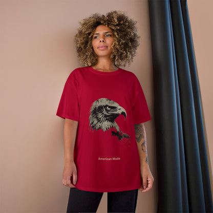 American Made small font text below an eagle head on a Champion Tee