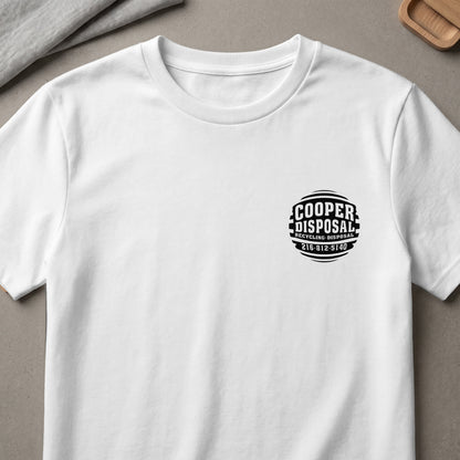 White t-shirt with black Cooper Disposal recycling disposal logo and phone number.