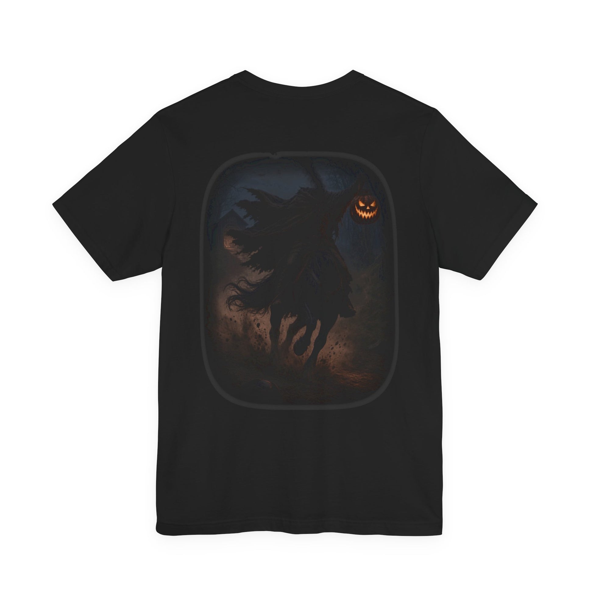 Headless horseman with jack-o'-lantern on black t-shirt