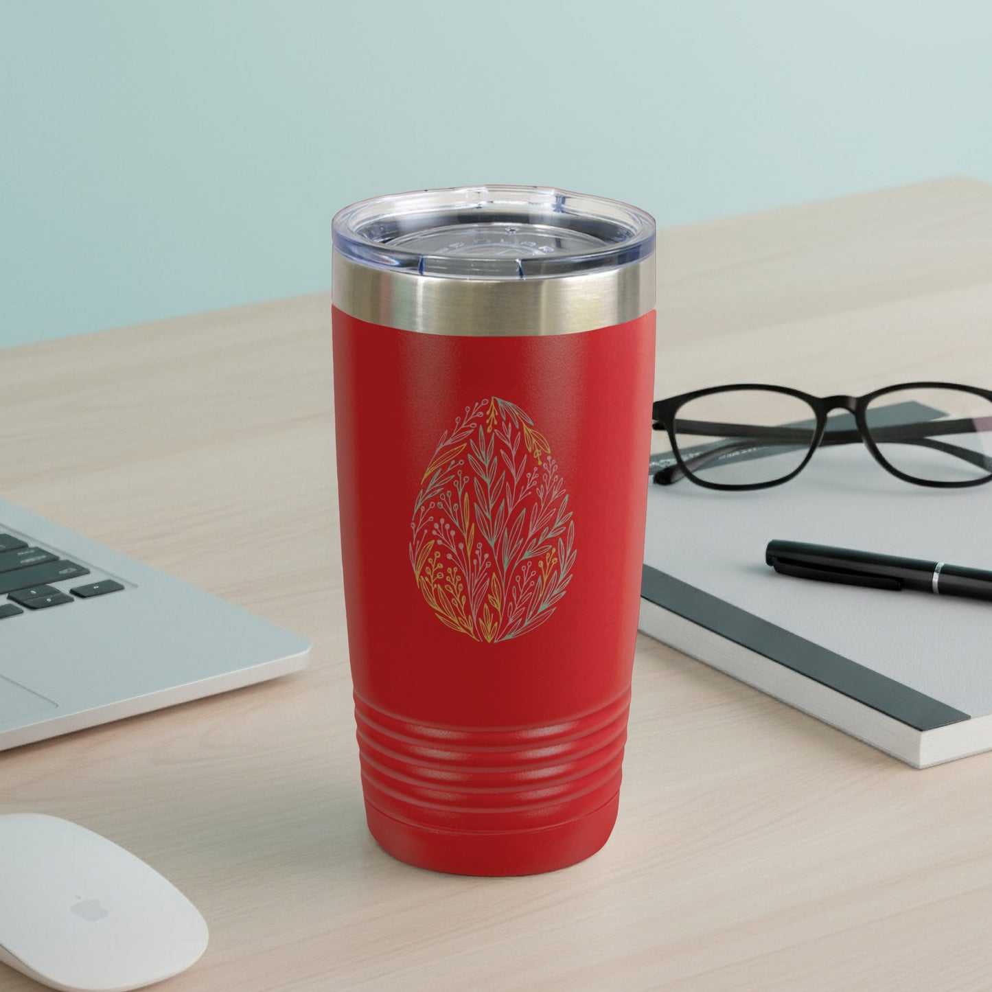 Stylish Red Travel Mug with Artistic Leaf Design